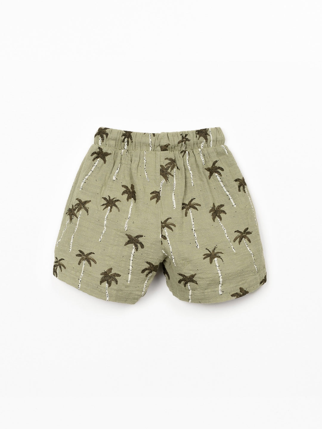 Organic cotton palm tree print shorts in soft sage green with elastic waistband