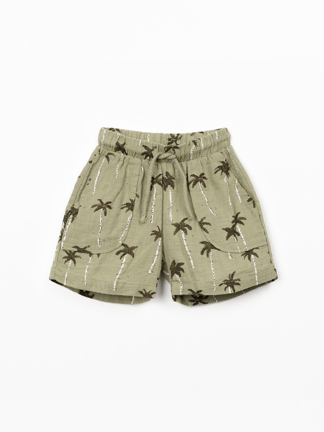 Organic cotton palm tree print shorts in soft sage green with elastic waistband