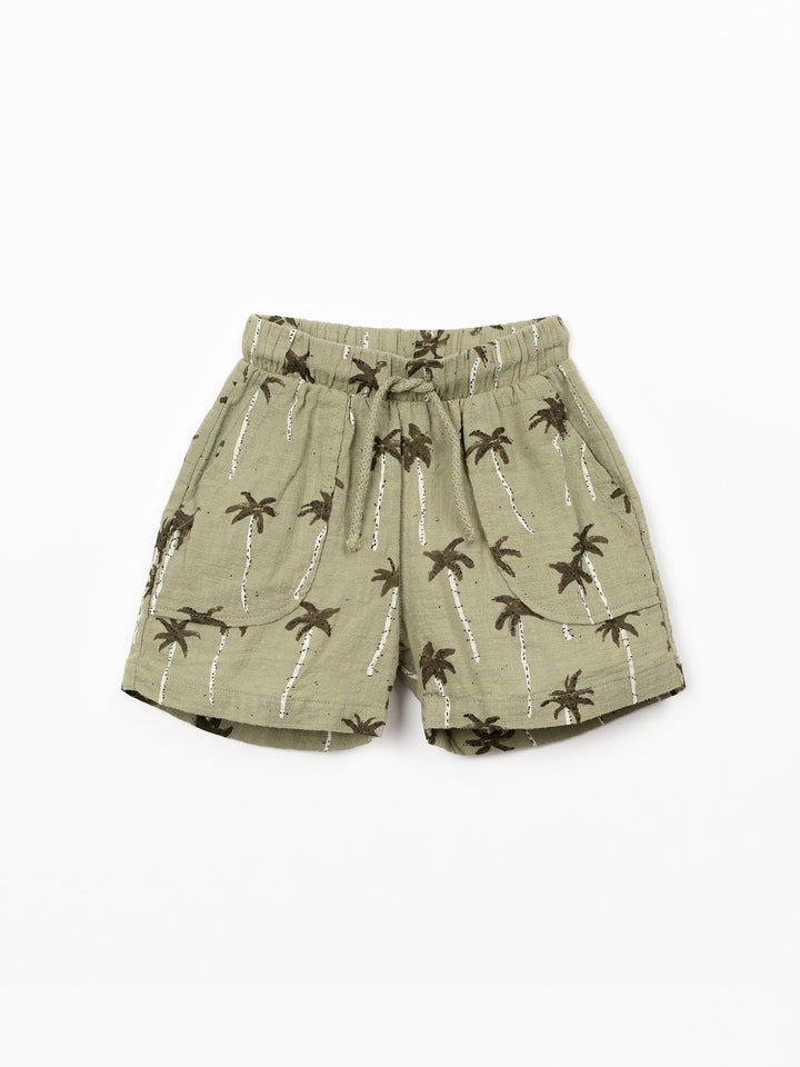 Organic cotton palm tree print shorts in soft sage green with elastic waistband