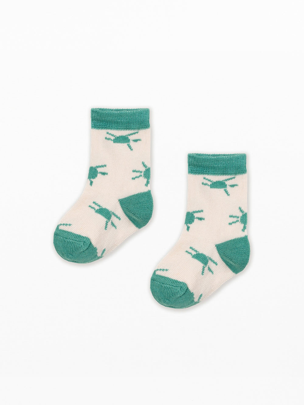Organic cotton baby socks with playful crab pattern in soft blue and green tones