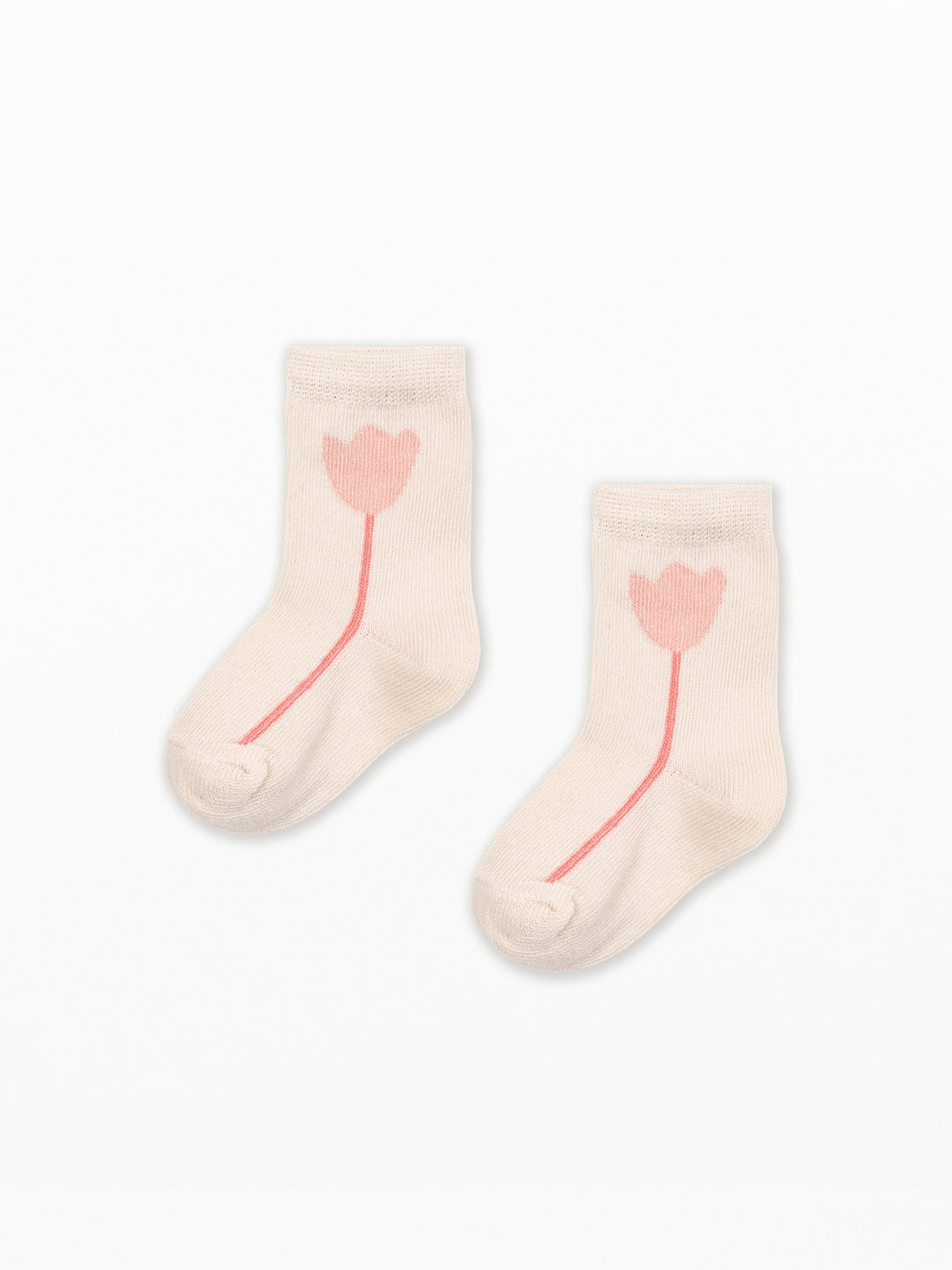Baby girl socks with pink tulip motif in soft cream cotton blend