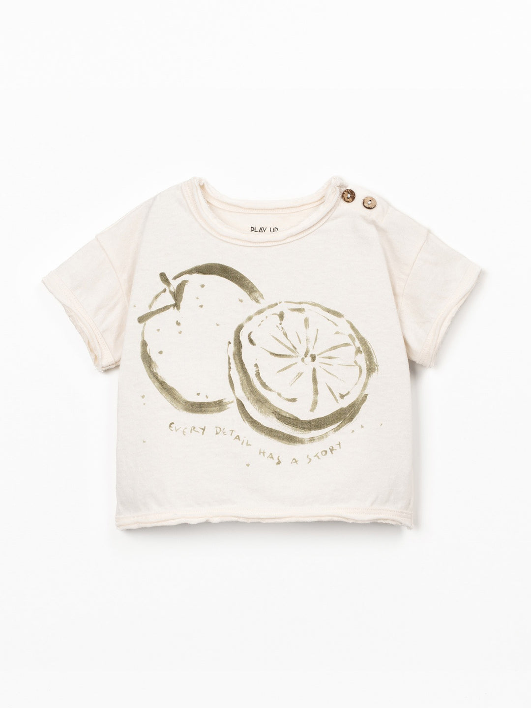 Baby boy organic cotton T-shirt by Play Up with artistic fruit print in natural ecru colour