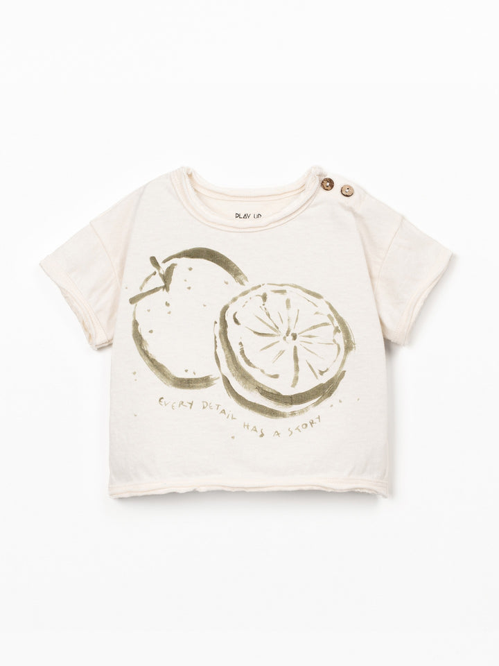 Baby boy organic cotton T-shirt by Play Up with artistic fruit print in natural ecru colour