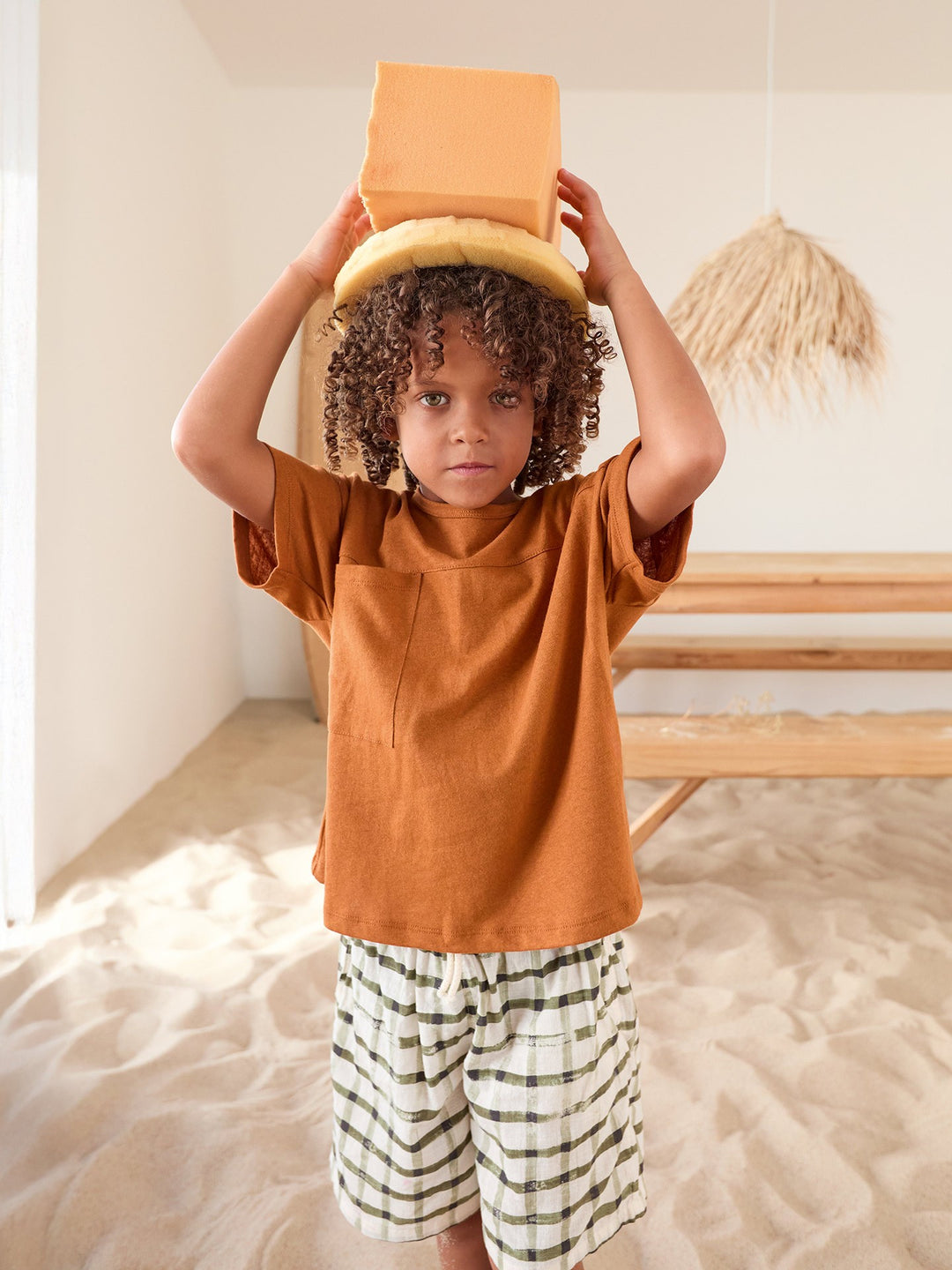 Boys organic cotton and linen rust brown T-shirt with front pocket