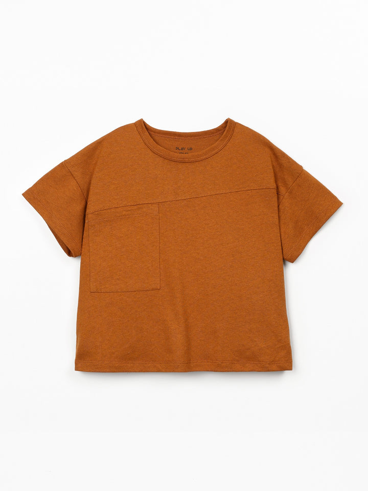 Boys organic cotton and linen rust brown T-shirt with front pocket