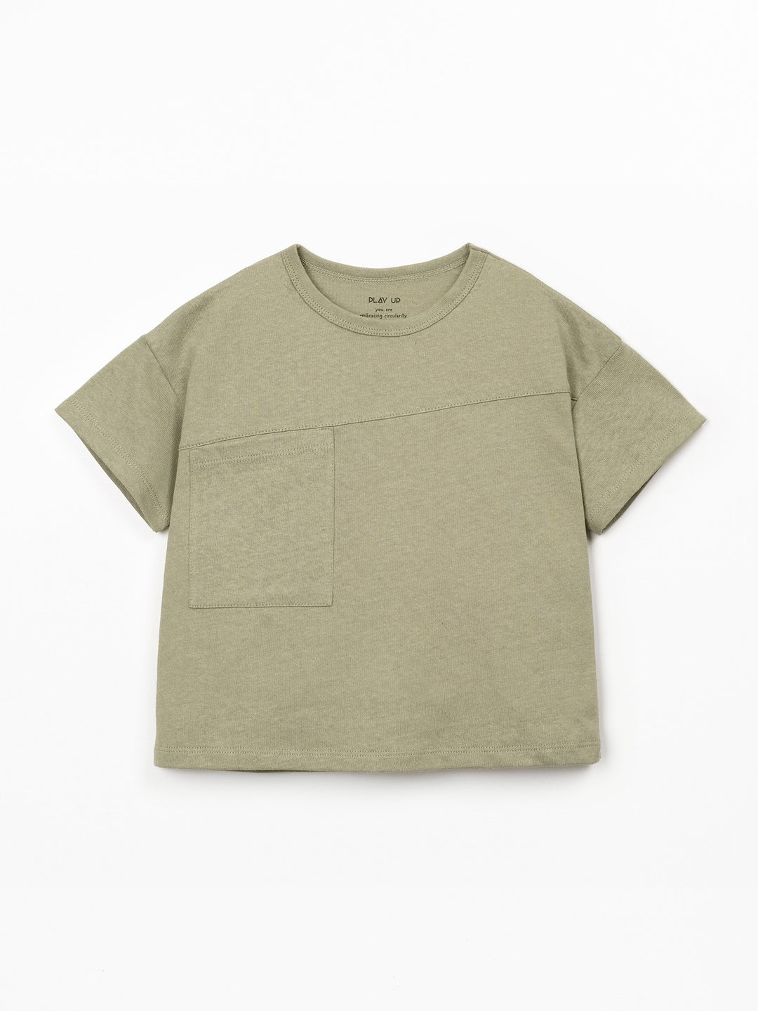 Boys organic cotton and linen rust green T-shirt with front pocket