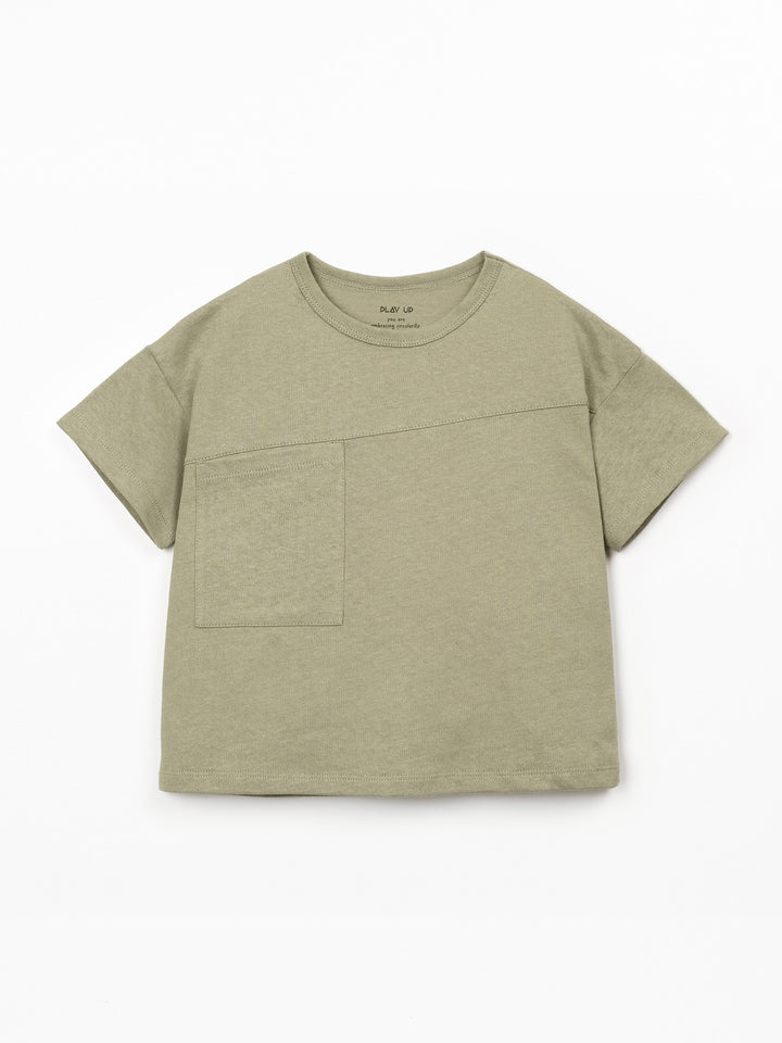 Boys organic cotton and linen rust green T-shirt with front pocket