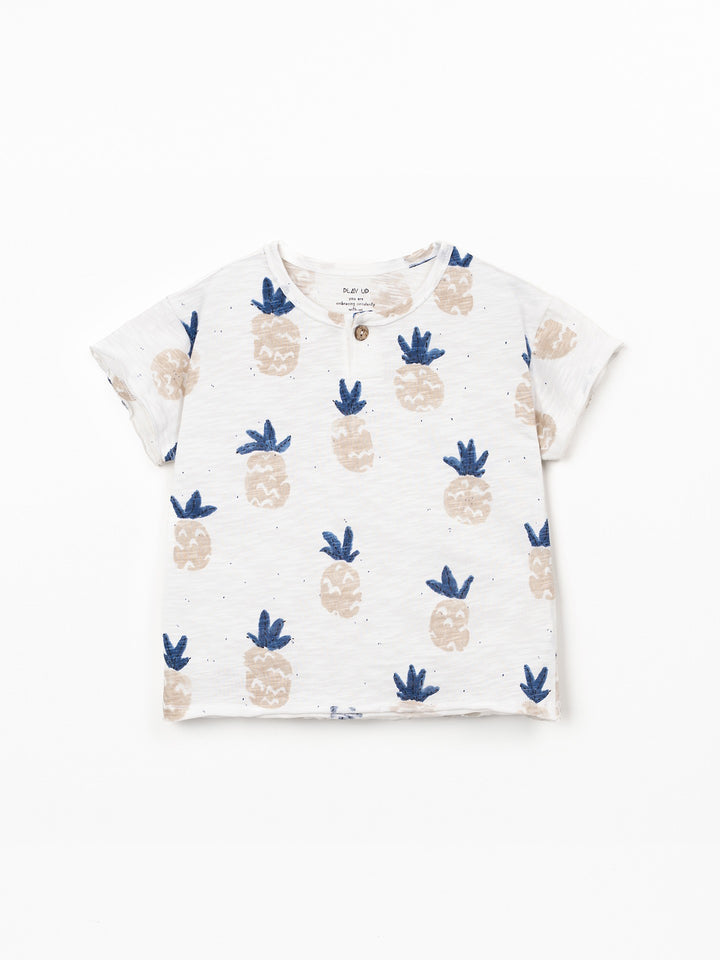 Organic cotton boy pineapple print t-shirt with shoulder button opening in soft white slub fabric