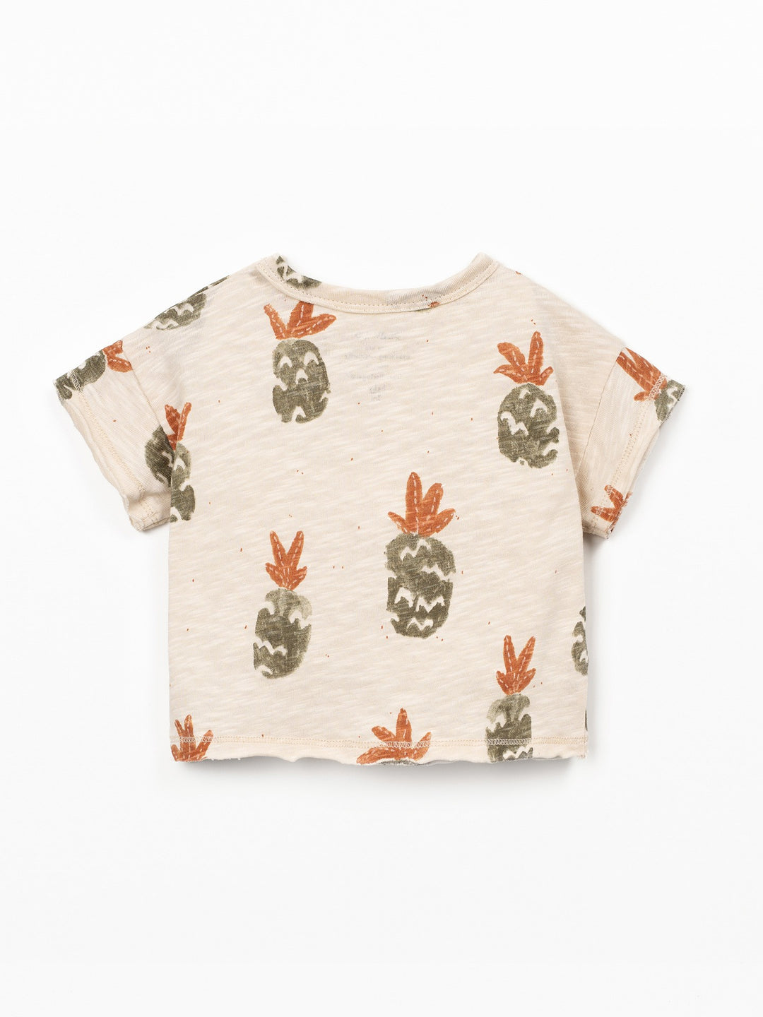 Organic cotton boy pineapple print t-shirt with shoulder button opening in soft white slub fabric