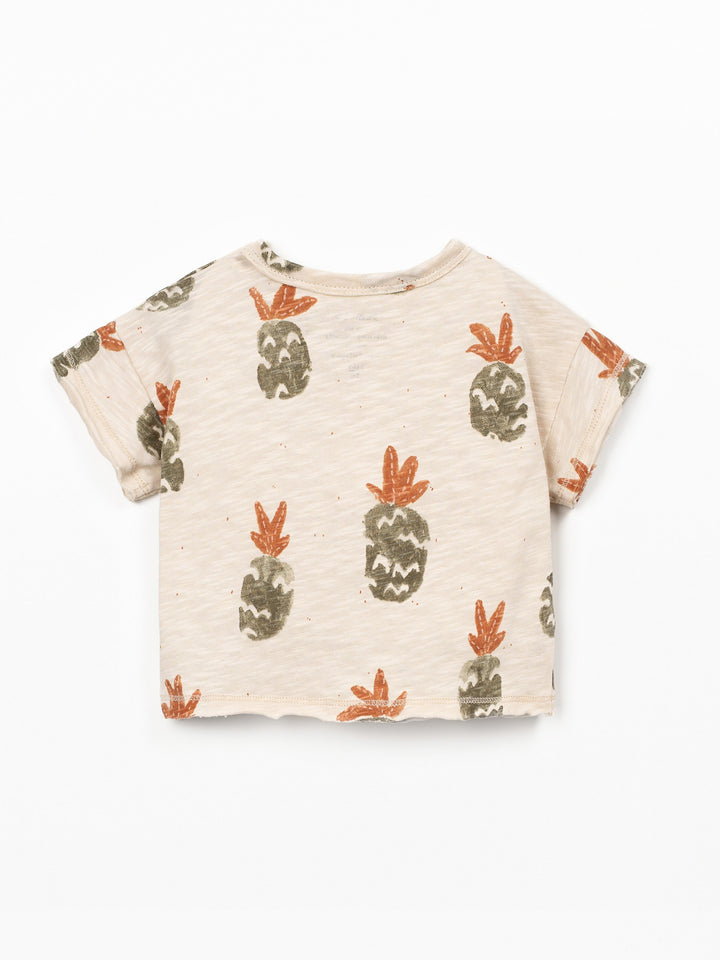Organic cotton boy pineapple print t-shirt with shoulder button opening in soft white slub fabric