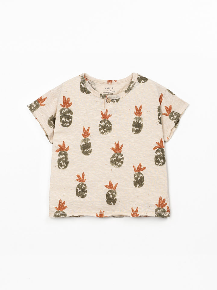 Organic cotton boy pineapple print t-shirt with shoulder button opening in soft white slub fabric