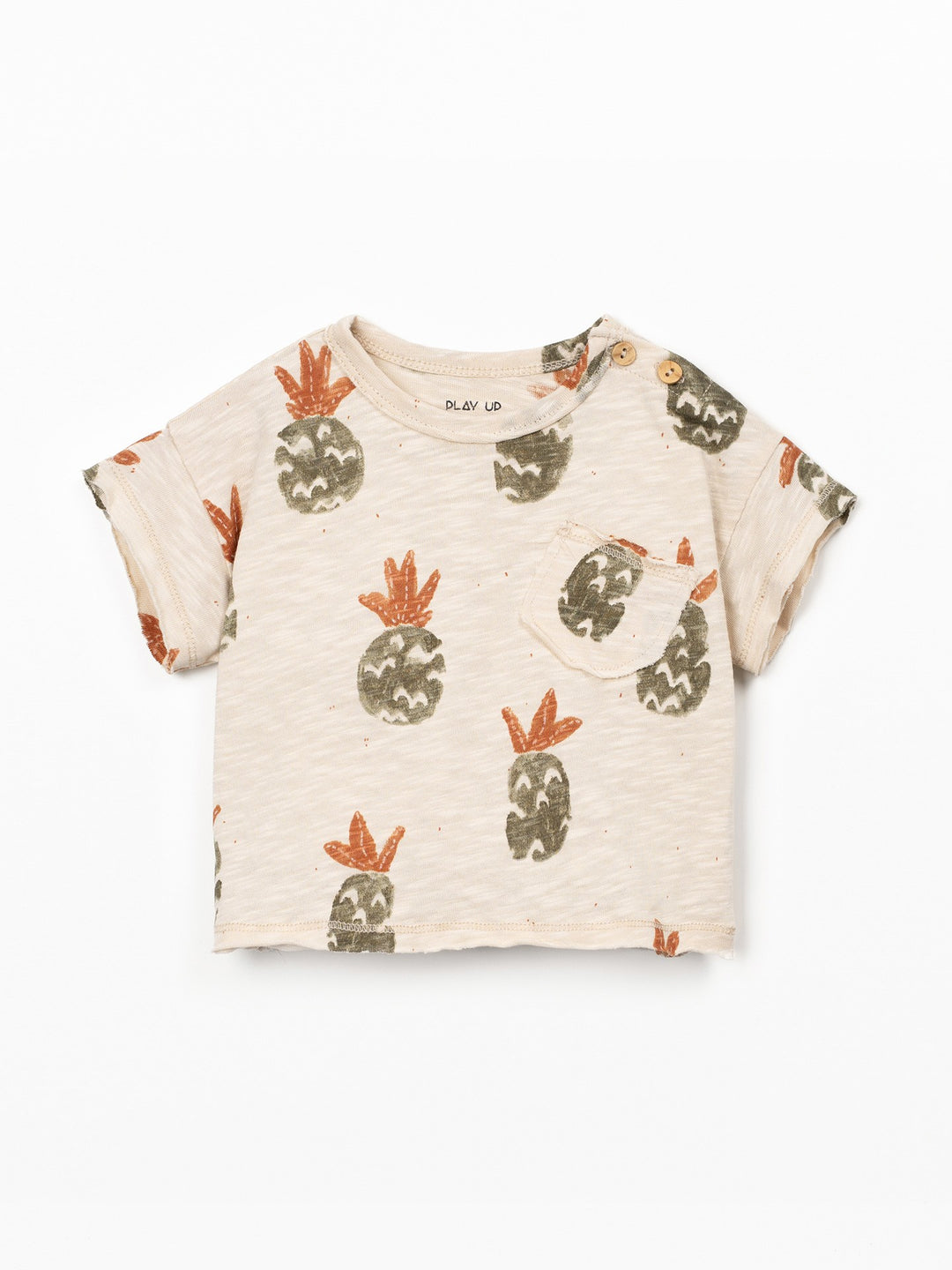 Organic cotton boy pineapple print t-shirt with shoulder button opening in soft white slub fabric