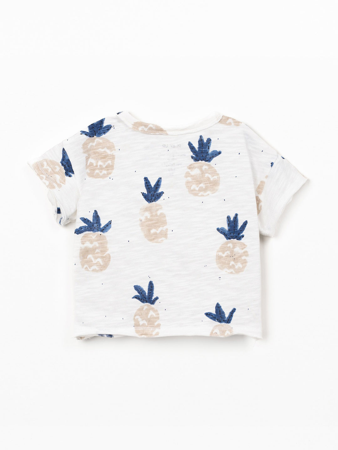 Organic cotton boy pineapple print t-shirt with shoulder button opening in soft white slub fabric
