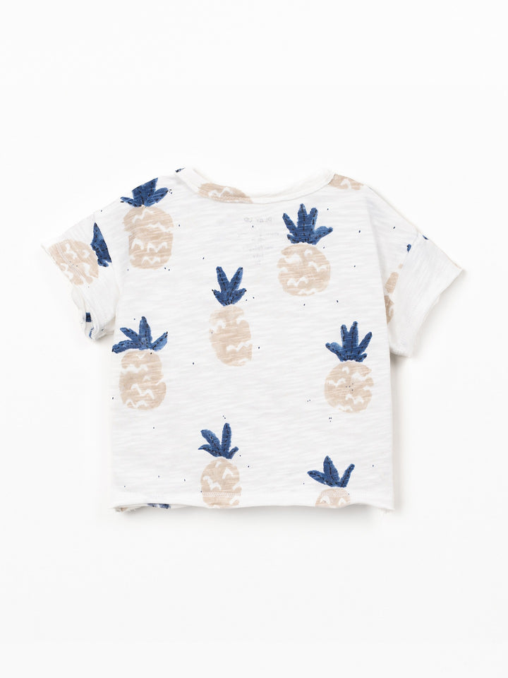 Organic cotton boy pineapple print t-shirt with shoulder button opening in soft white slub fabric