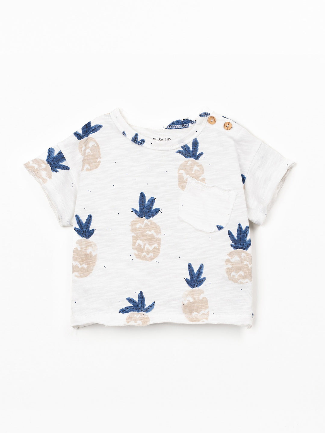 Organic cotton boy pineapple print t-shirt with shoulder button opening in soft white slub fabric