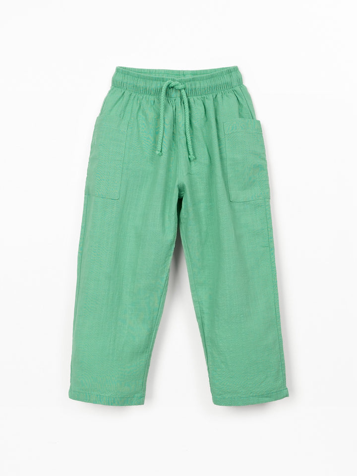 Boys green organic cotton trousers with utility pockets and relaxed fit