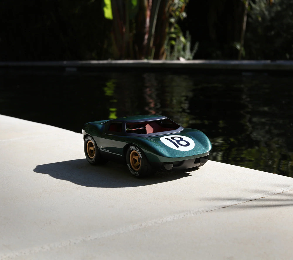 Playforever Ken Rodgers green designer toy car inspired by classic 1960s endurance racing