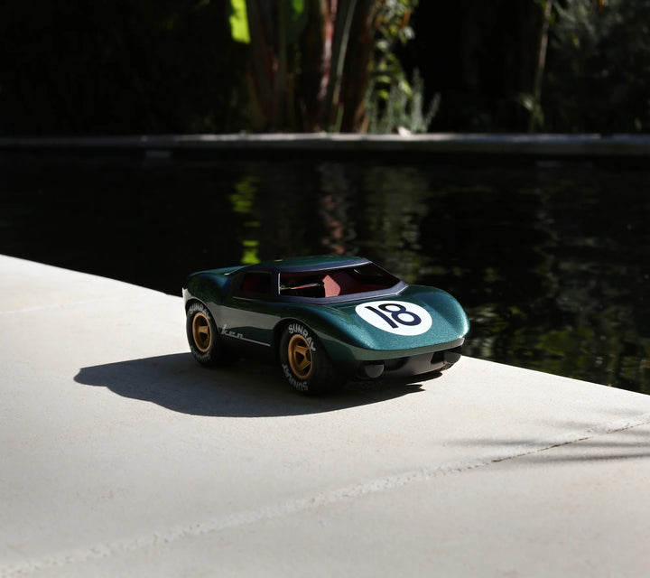 Playforever Ken Rodgers green designer toy car inspired by classic 1960s endurance racing