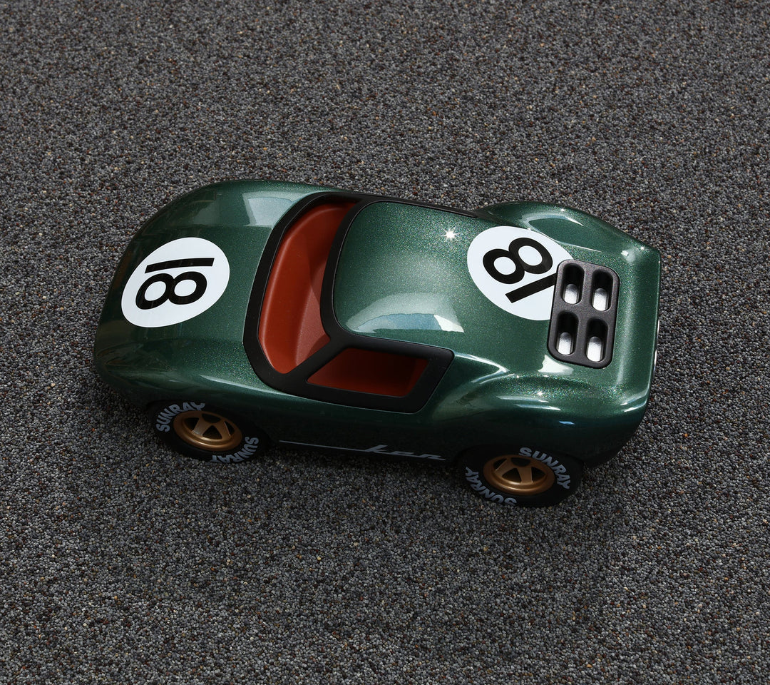 Playforever Ken Rodgers green designer toy car inspired by classic 1960s endurance racing