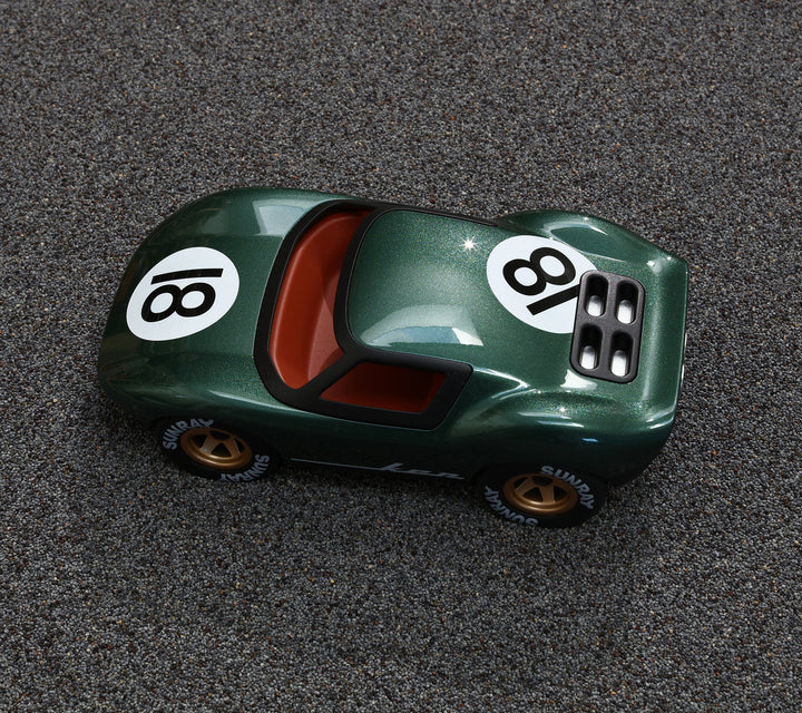 Playforever Ken Rodgers green designer toy car inspired by classic 1960s endurance racing