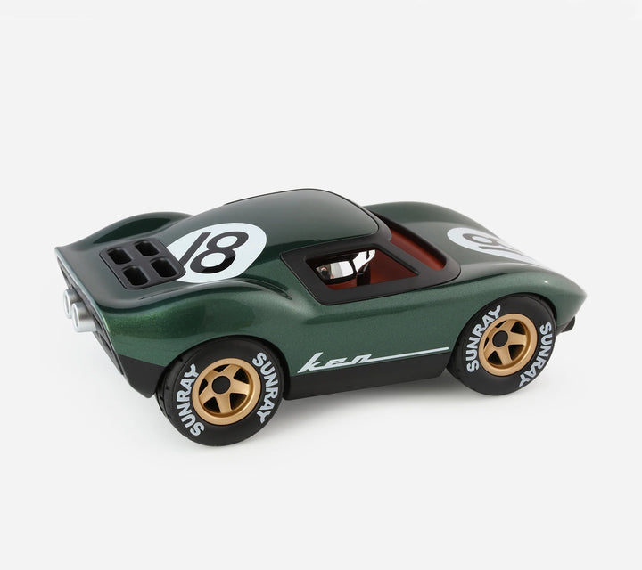 Playforever Ken Rodgers green designer toy car inspired by classic 1960s endurance racing