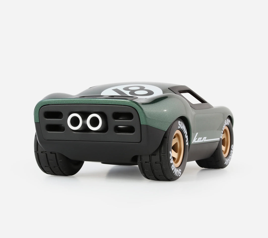 Playforever Ken Rodgers green designer toy car inspired by classic 1960s endurance racing