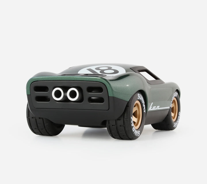Playforever Ken Rodgers green designer toy car inspired by classic 1960s endurance racing