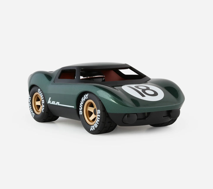 Playforever Ken Rodgers green designer toy car inspired by classic 1960s endurance racing