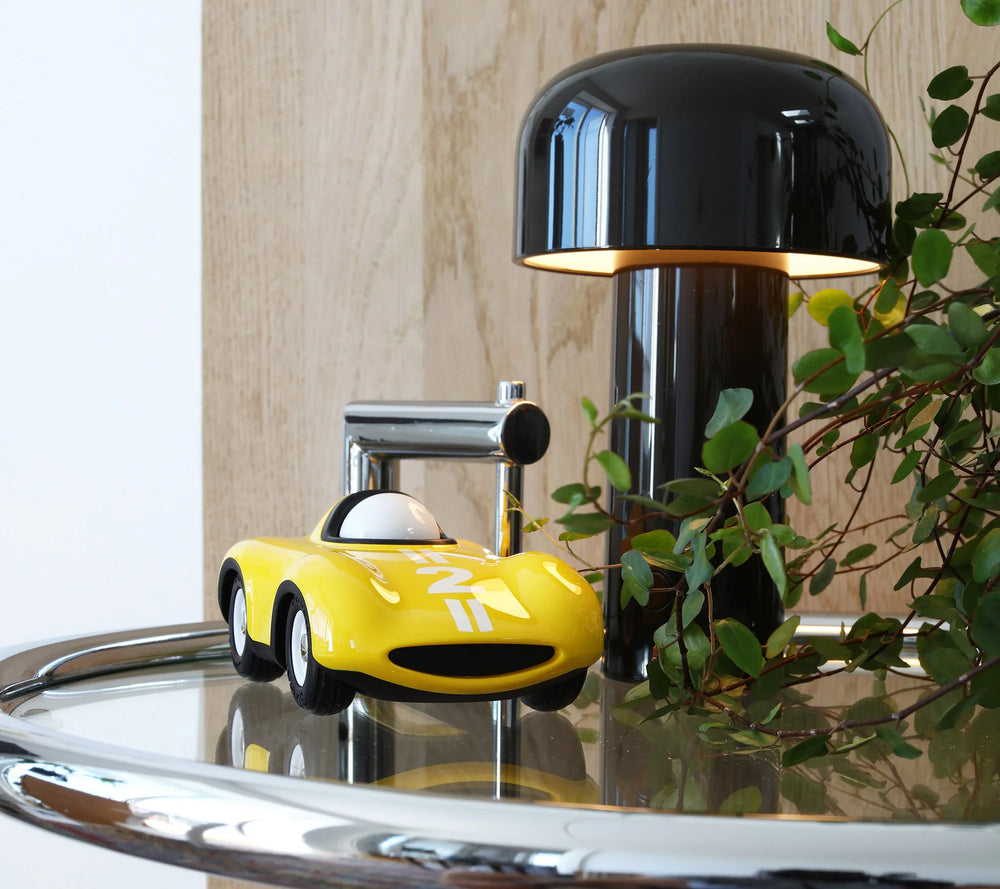 Playforever Speedy Yellow designer toy car with vintage racing-inspired design and bright yellow finish