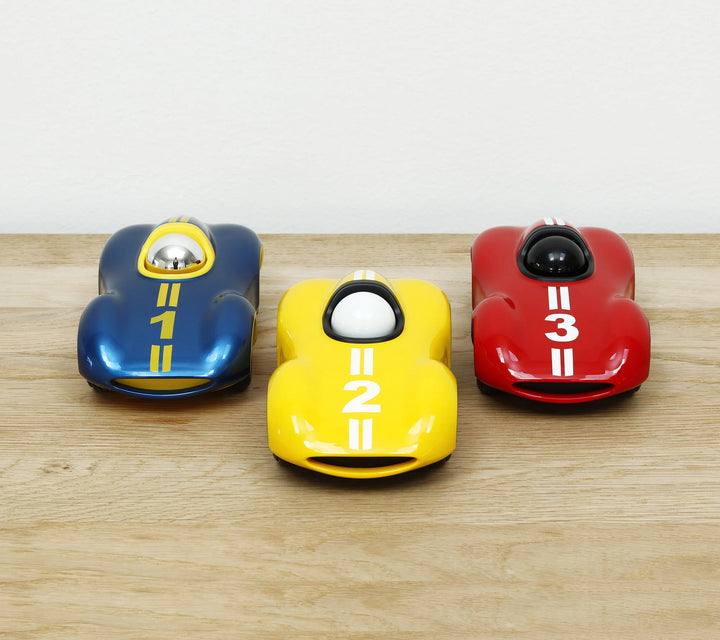 Playforever Speedy Yellow designer toy car with vintage racing-inspired design and bright yellow finish
