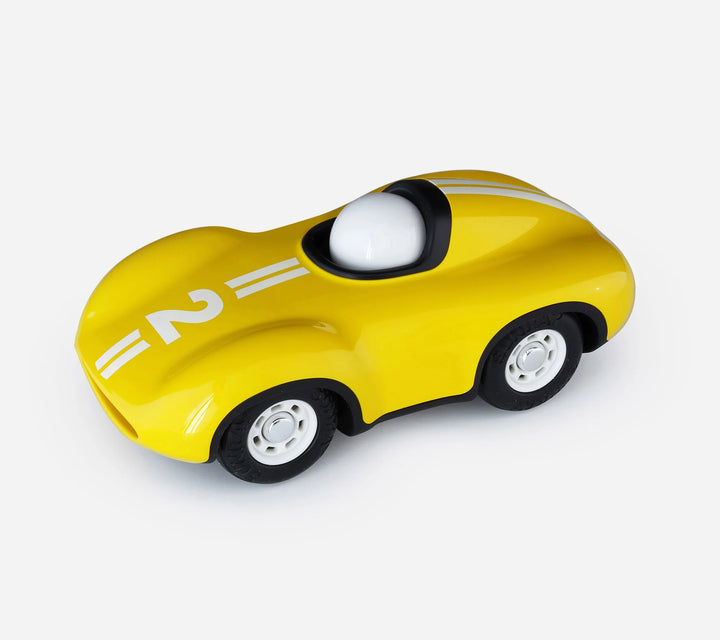Playforever Speedy Yellow designer toy car with vintage racing-inspired design and bright yellow finish