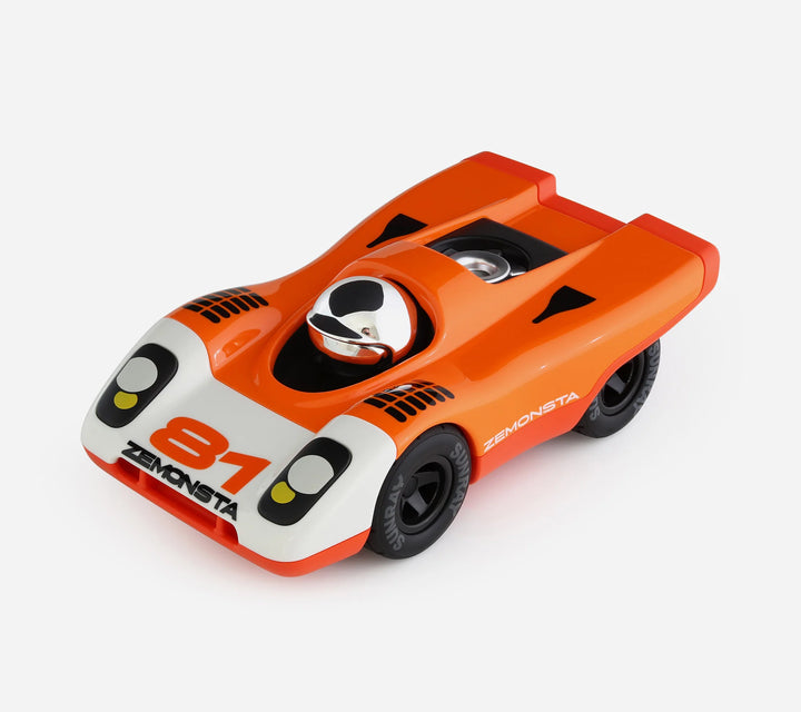 Playforever Zemonsta Egon orange designer toy car with racing-inspired retro styling