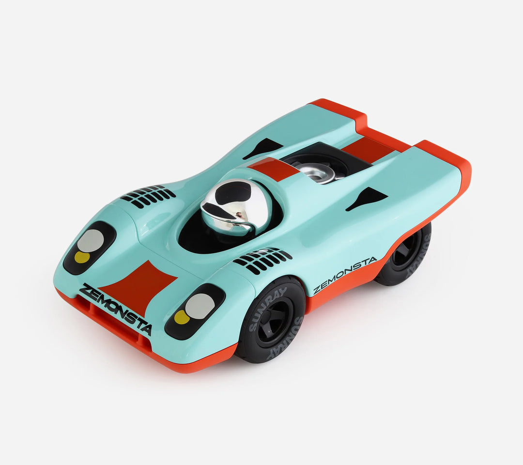 Playforever Zemonsta Klaus designer toy car with blue and orange racing-inspired finish
