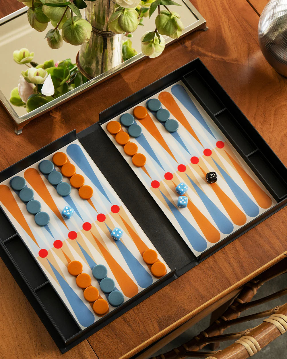 Art of Backgammon Anthracite board game with modern blue and amber design in decorative book-style storage box