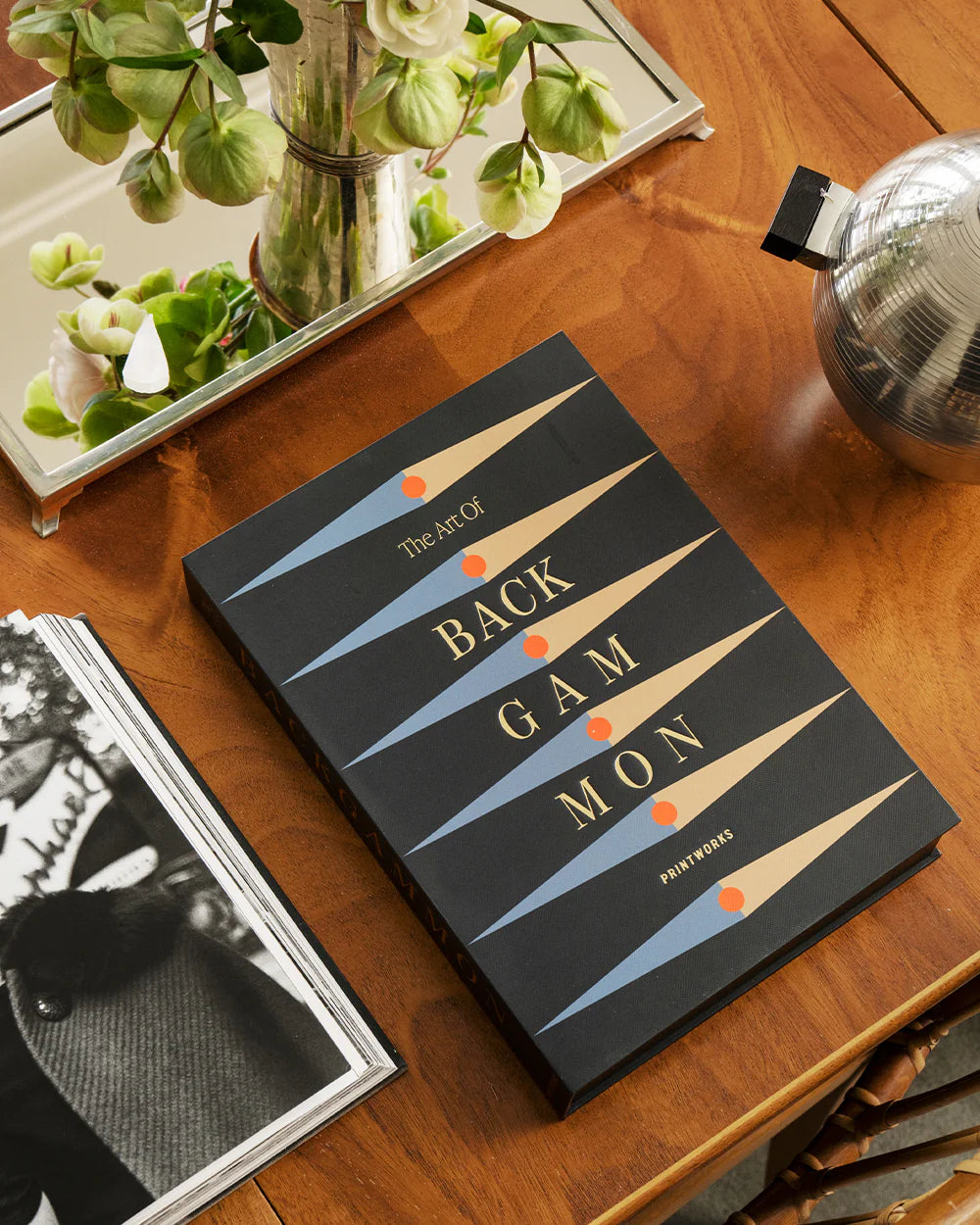 Art of Backgammon Anthracite board game with modern blue and amber design in decorative book-style storage box