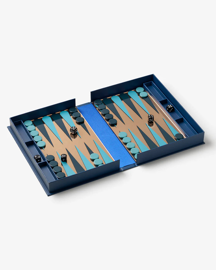Art of Backgammon Mirror board game in dark blue and copper with mirrored playing surface and decorative coffee table design