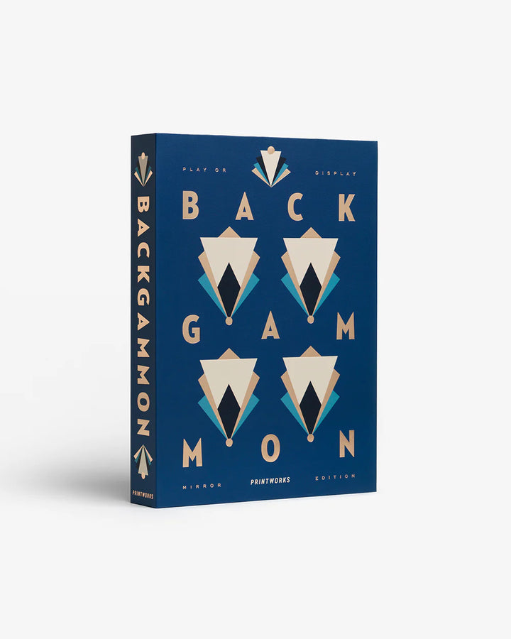 Art of Backgammon Mirror board game in dark blue and copper with mirrored playing surface and decorative coffee table design