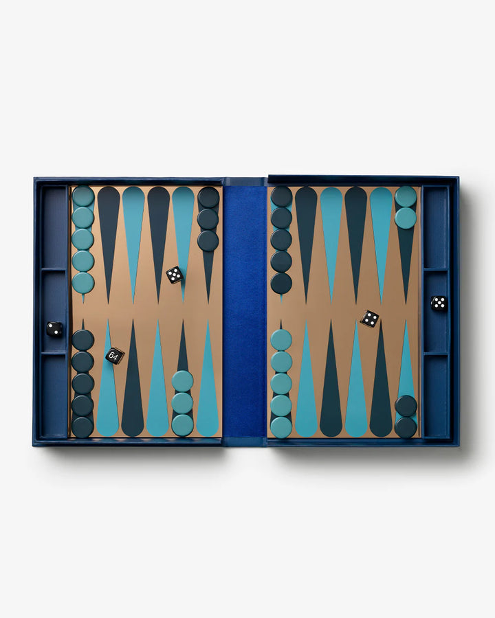 Art of Backgammon Mirror board game in dark blue and copper with mirrored playing surface and decorative coffee table design