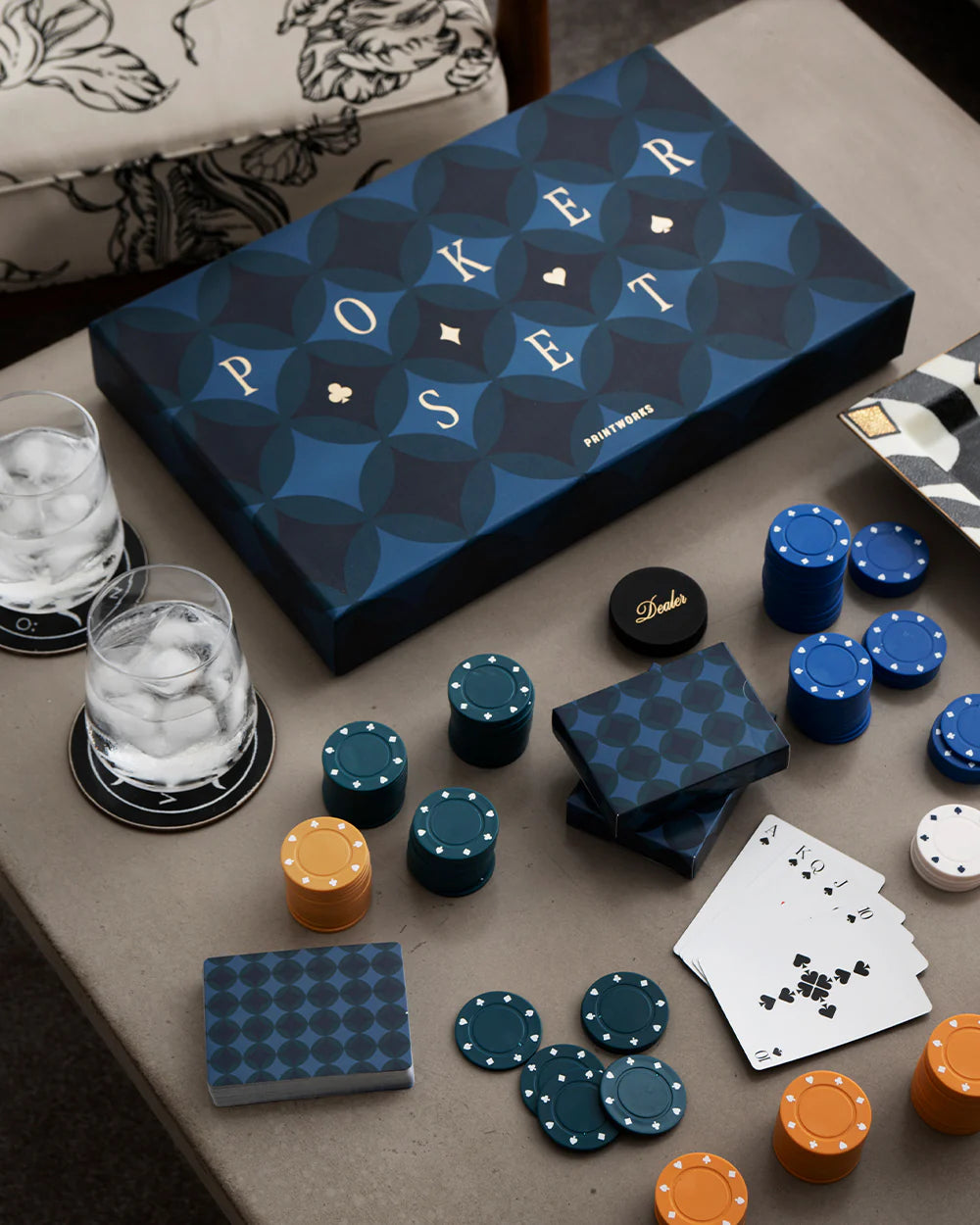 Art of Poker set with premium poker chips, playing cards and decorative blue storage box for stylish game nights