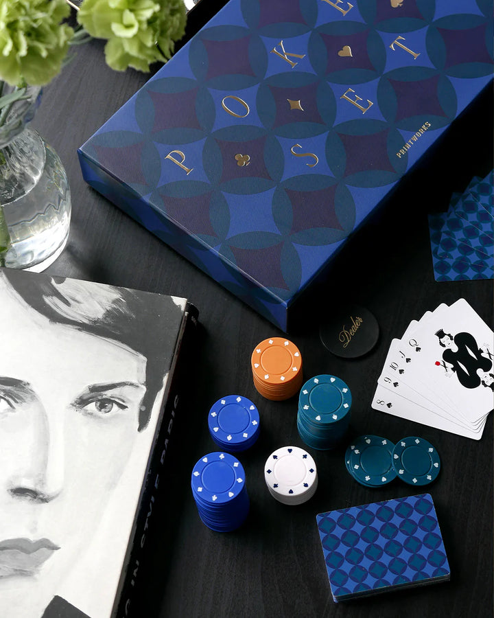Art of Poker set with premium poker chips, playing cards and decorative blue storage box for stylish game nights