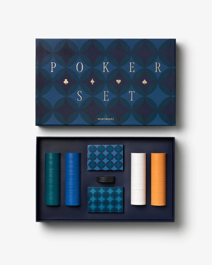 Art of Poker set with premium poker chips, playing cards and decorative blue storage box for stylish game nights