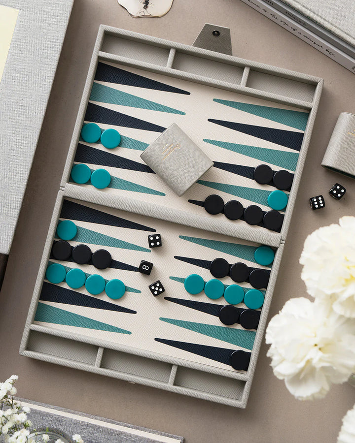 Backgammon Reverra board game with faux leather case, modern playing field and premium coffee table design