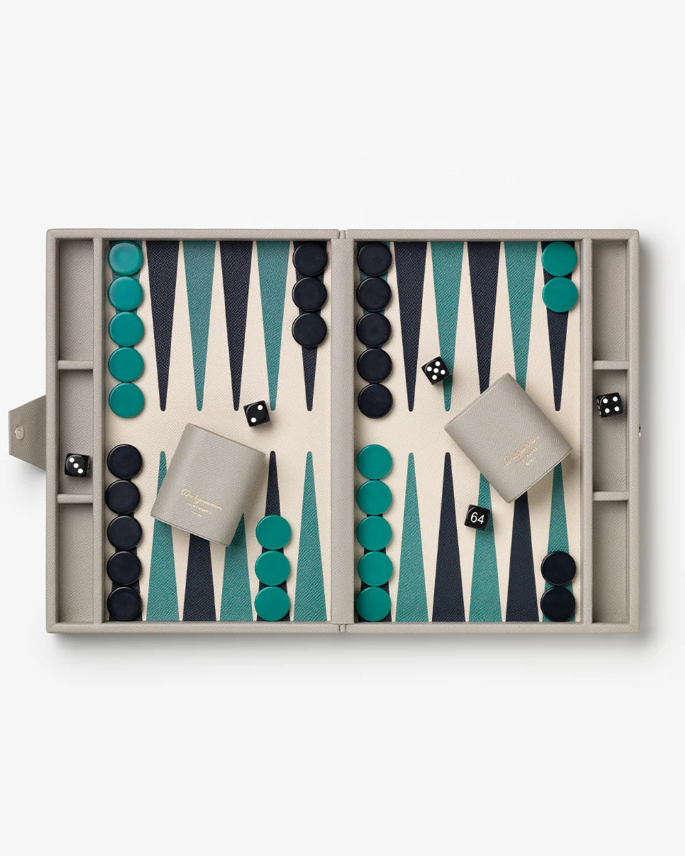 Backgammon Reverra board game with faux leather case, modern playing field and premium coffee table design