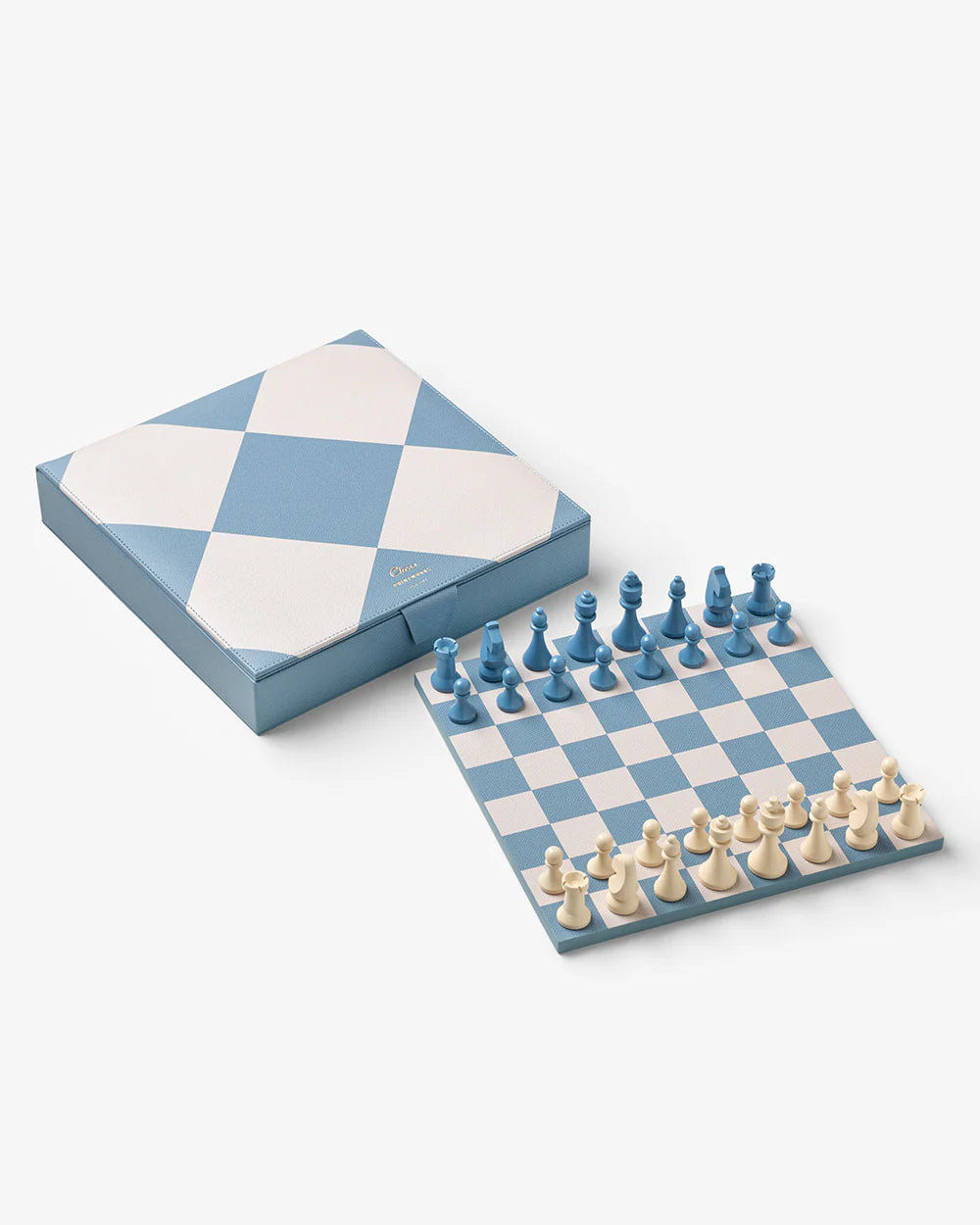 Chess Reverra luxury chess set with blue and cream checkerboard design and premium faux leather storage case