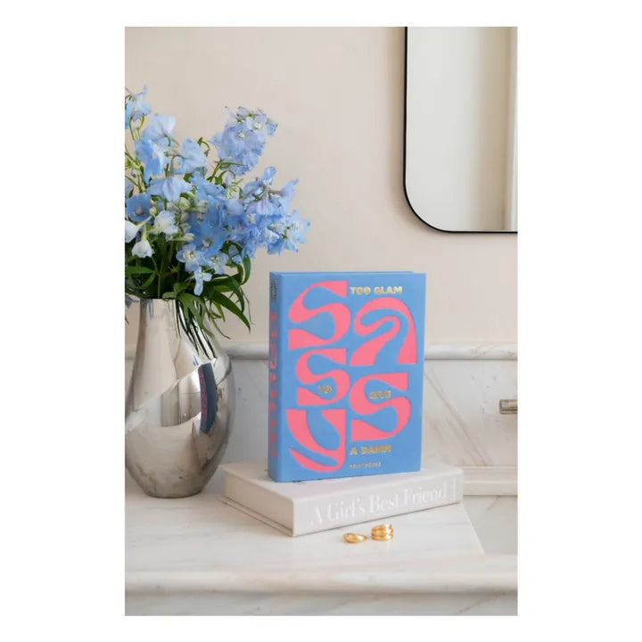 Sassy jewellery box in blue and pink with book-inspired design and organised compartments for jewellery storage