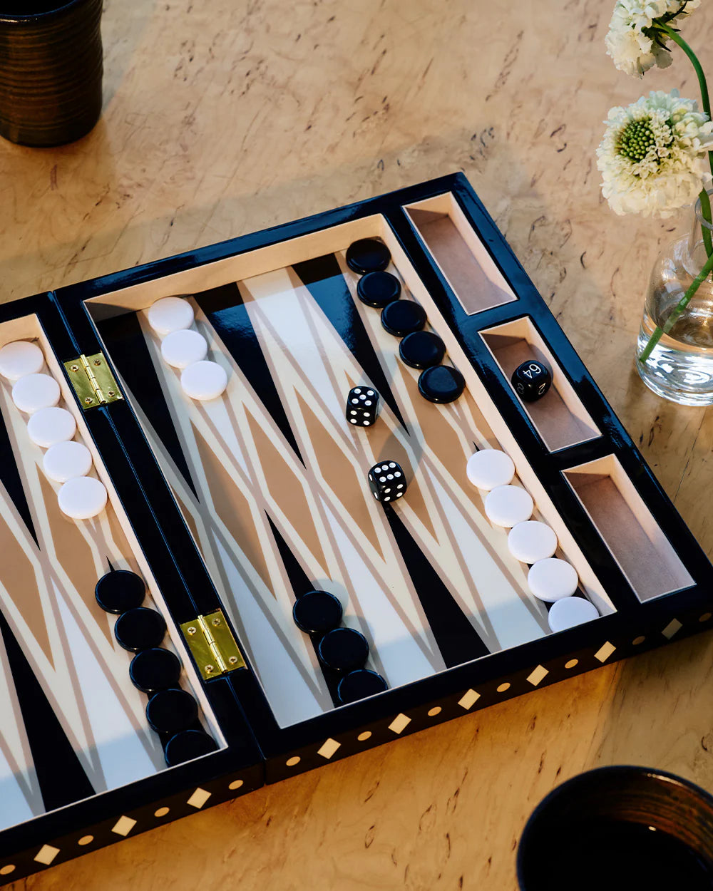 Printworks lacquered black backgammon board with acrylic pieces
