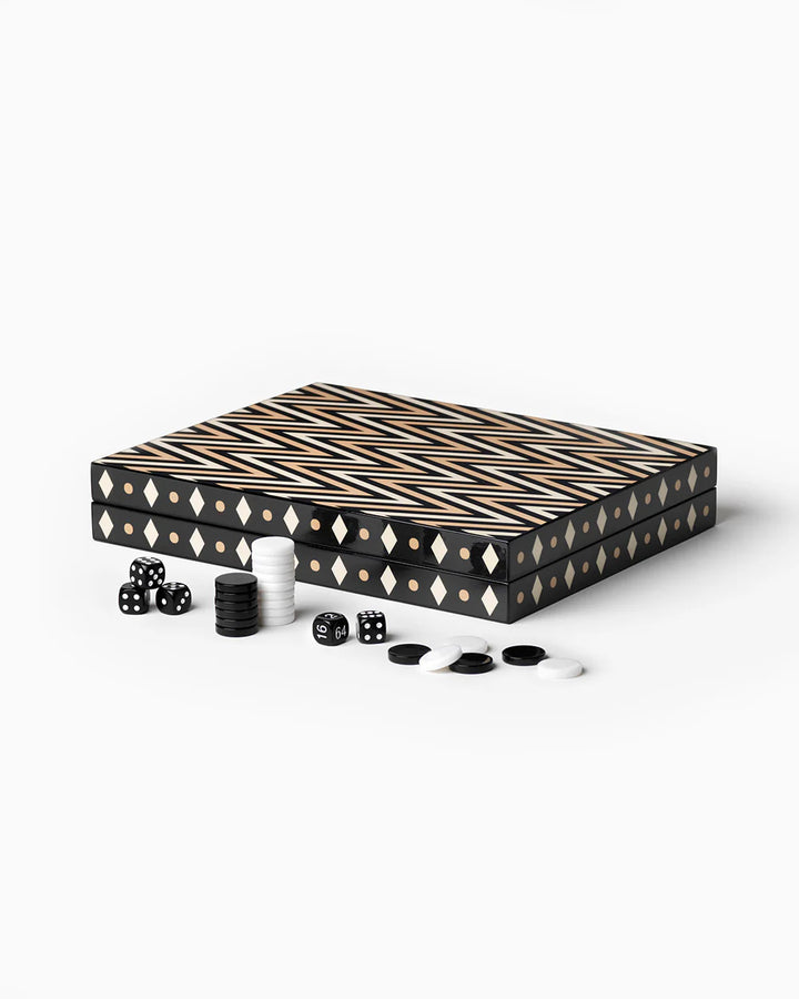 Printworks lacquered black backgammon board with acrylic pieces
