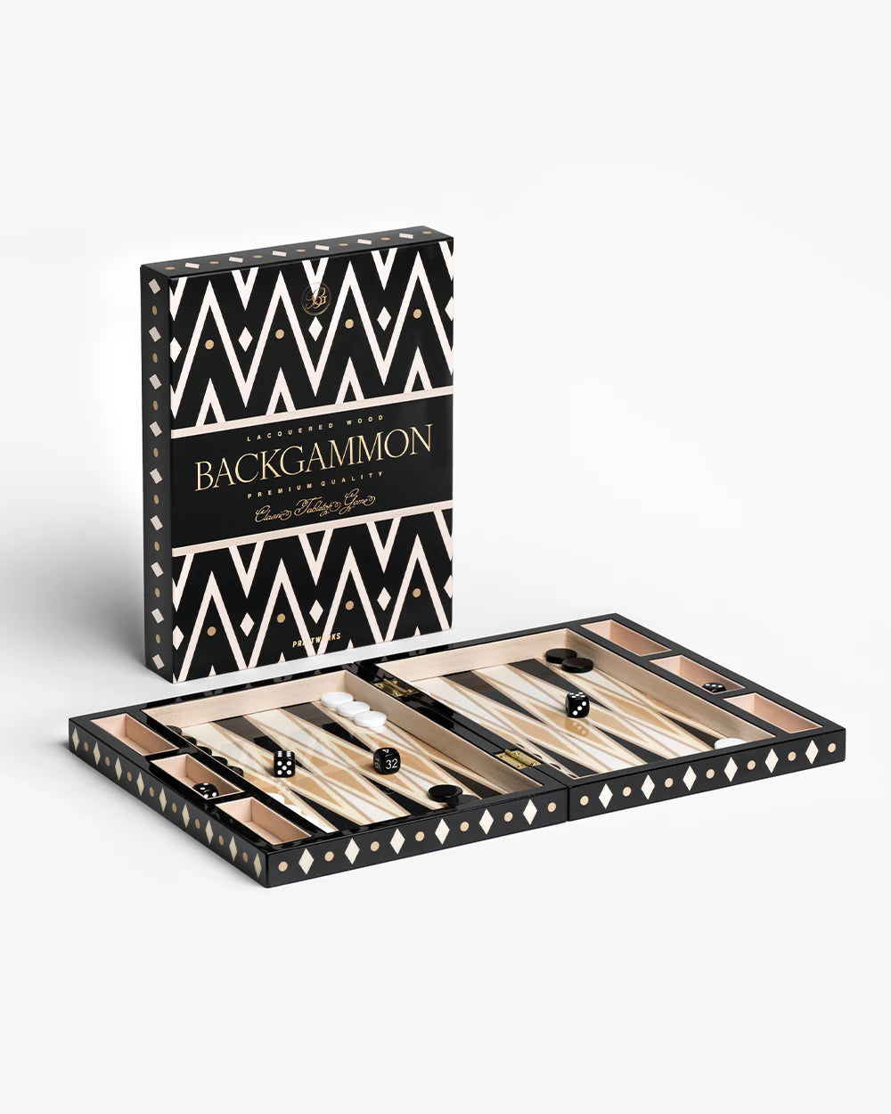 Printworks lacquered black backgammon board with acrylic pieces

