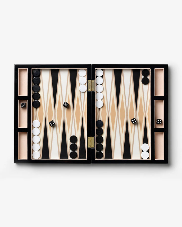 Printworks lacquered black backgammon board with acrylic pieces
