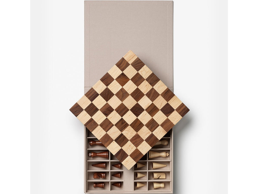Printworks The Minimalist wooden chess set with premium wood pieces and elegant book-style storage box